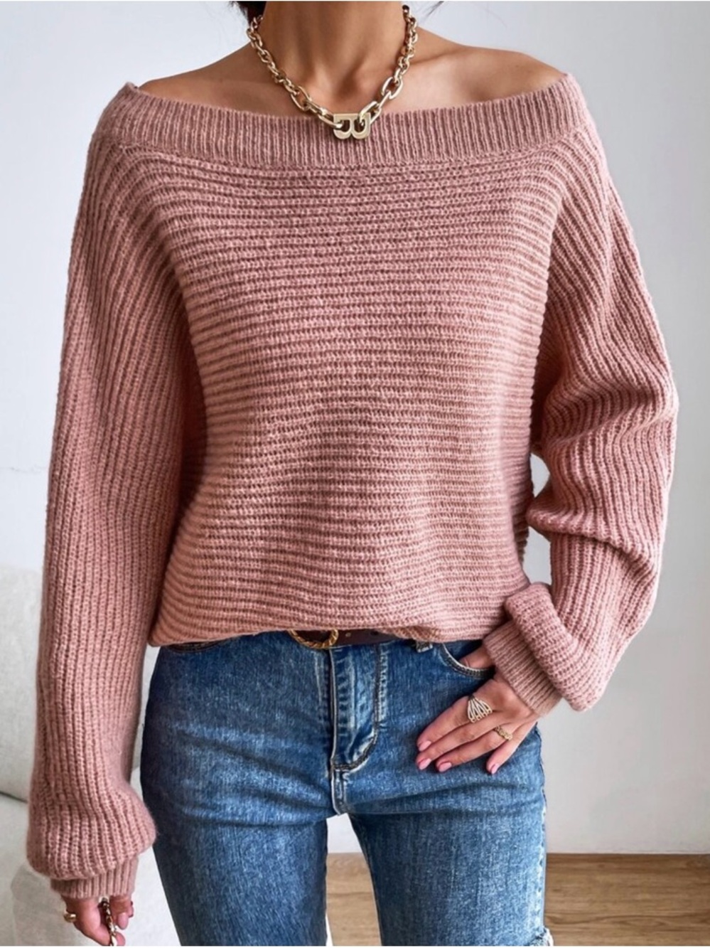 Off-Shoulder Rose Pink Ribbed Knit Sweater